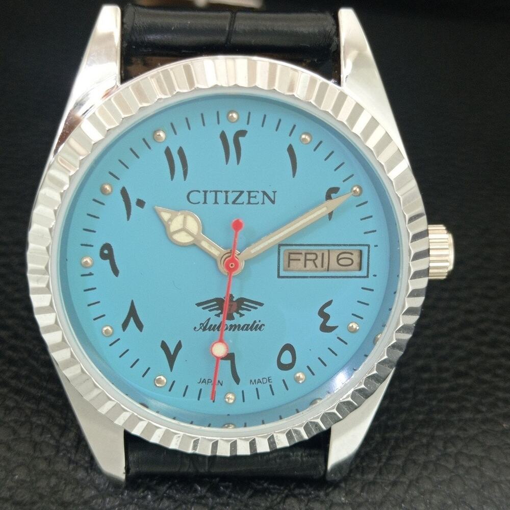 Vintage 1986 Citizen Automatic Mens Silver Watch W/daydate & Blue accents - Picture 4 of 10